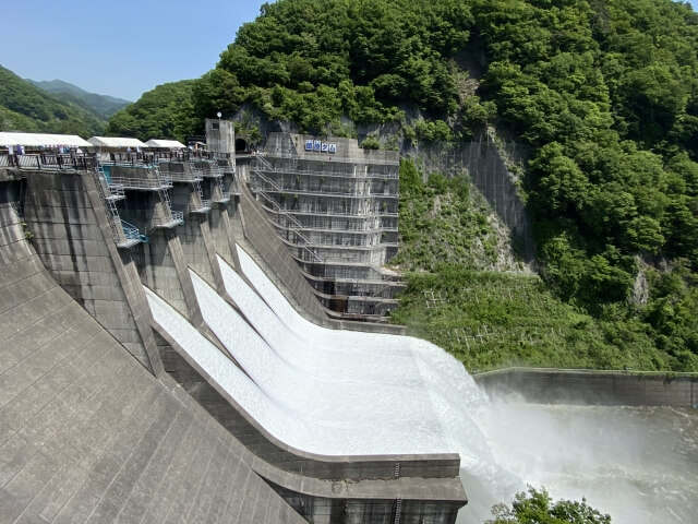 緑に囲まれた大きなダムの風景